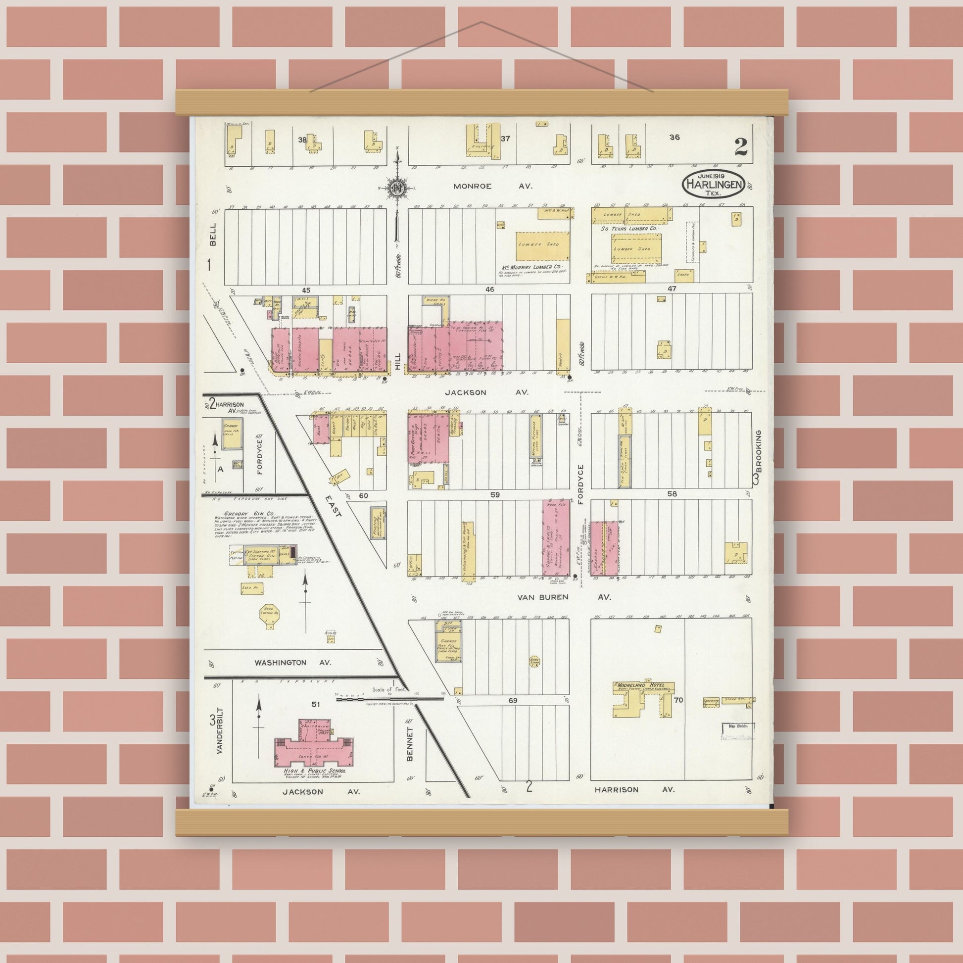 Old map wall art mockup — magnetic wood frame on brick wall — Sanborn Fire Insurance Map from Harlingen, Cameron County, Texas (1919), Sheet #0002