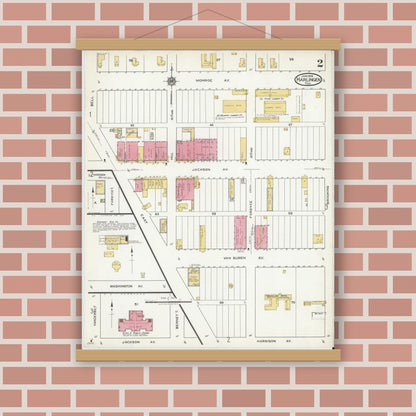Old map wall art mockup — magnetic wood frame on brick wall — Sanborn Fire Insurance Map from Harlingen, Cameron County, Texas (1919), Sheet #0002