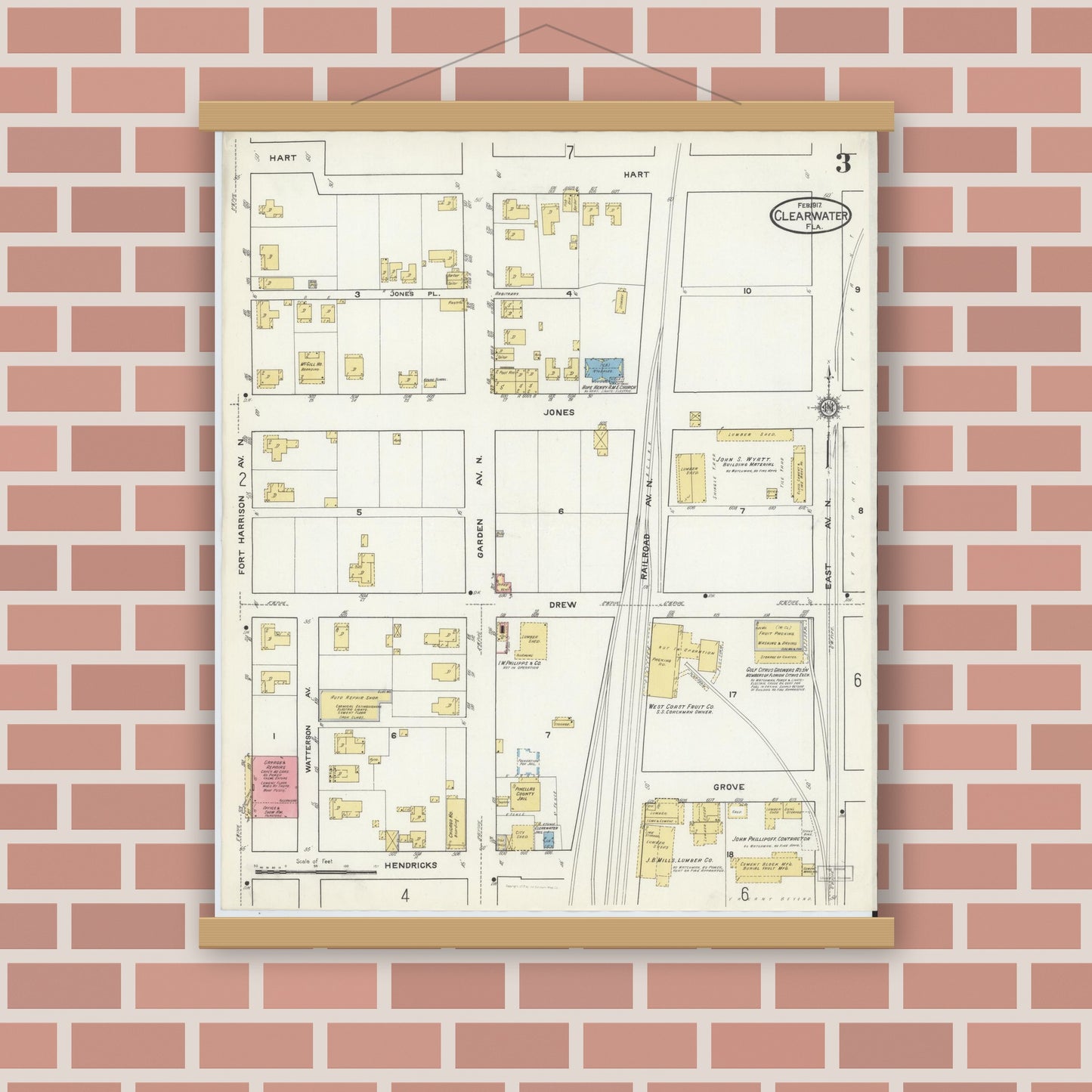 Old map wall art mockup — magnetic wood frame on brick wall — Sanborn Fire Insurance Map from Clearwater, Pinellas County, Florida (1917), Sheet #0003