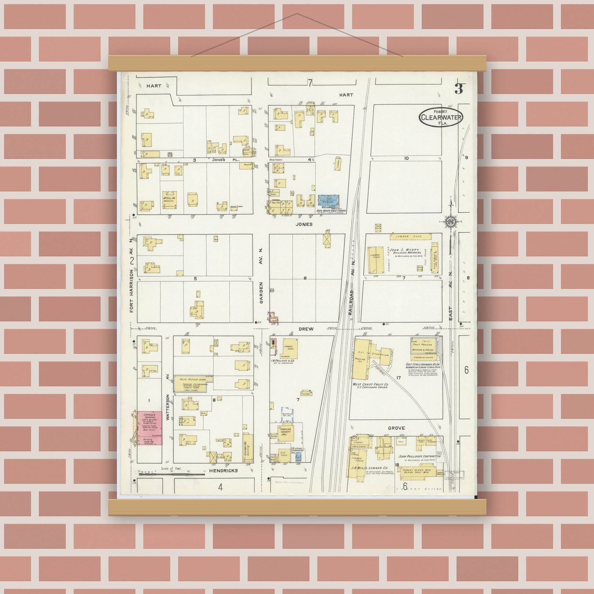 Old map wall art mockup — magnetic wood frame on brick wall — Sanborn Fire Insurance Map from Clearwater, Pinellas County, Florida (1917), Sheet #0003
