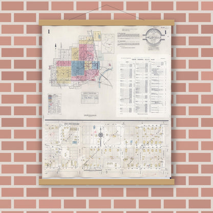 Old map wall art mockup — magnetic wood frame on brick wall — Sanborn Fire Insurance Map from Shelbyville, Shelby County, Illinois (1941) - Complete Map Set