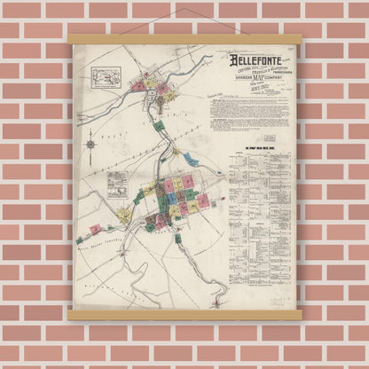 Old map wall art mockup — magnetic wood frame on brick wall — Sanborn Fire Insurance Map from Bellefonte, Centre County, Pennsylvania (1922), Sheet #0001