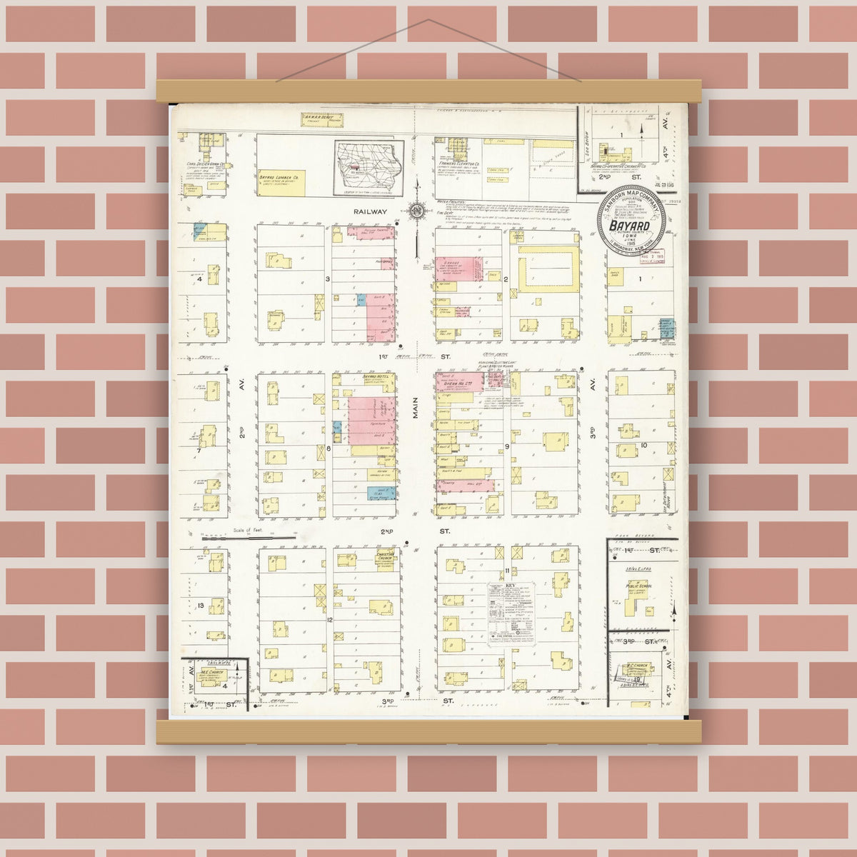 Old map wall art mockup — magnetic wood frame on brick wall — Sanborn Fire Insurance Map from Bayard, Guthrie County, Iowa (1915), Sheet #0001