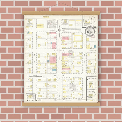 Old map wall art mockup — magnetic wood frame on brick wall — Sanborn Fire Insurance Map from Bayard, Guthrie County, Iowa (1915), Sheet #0001
