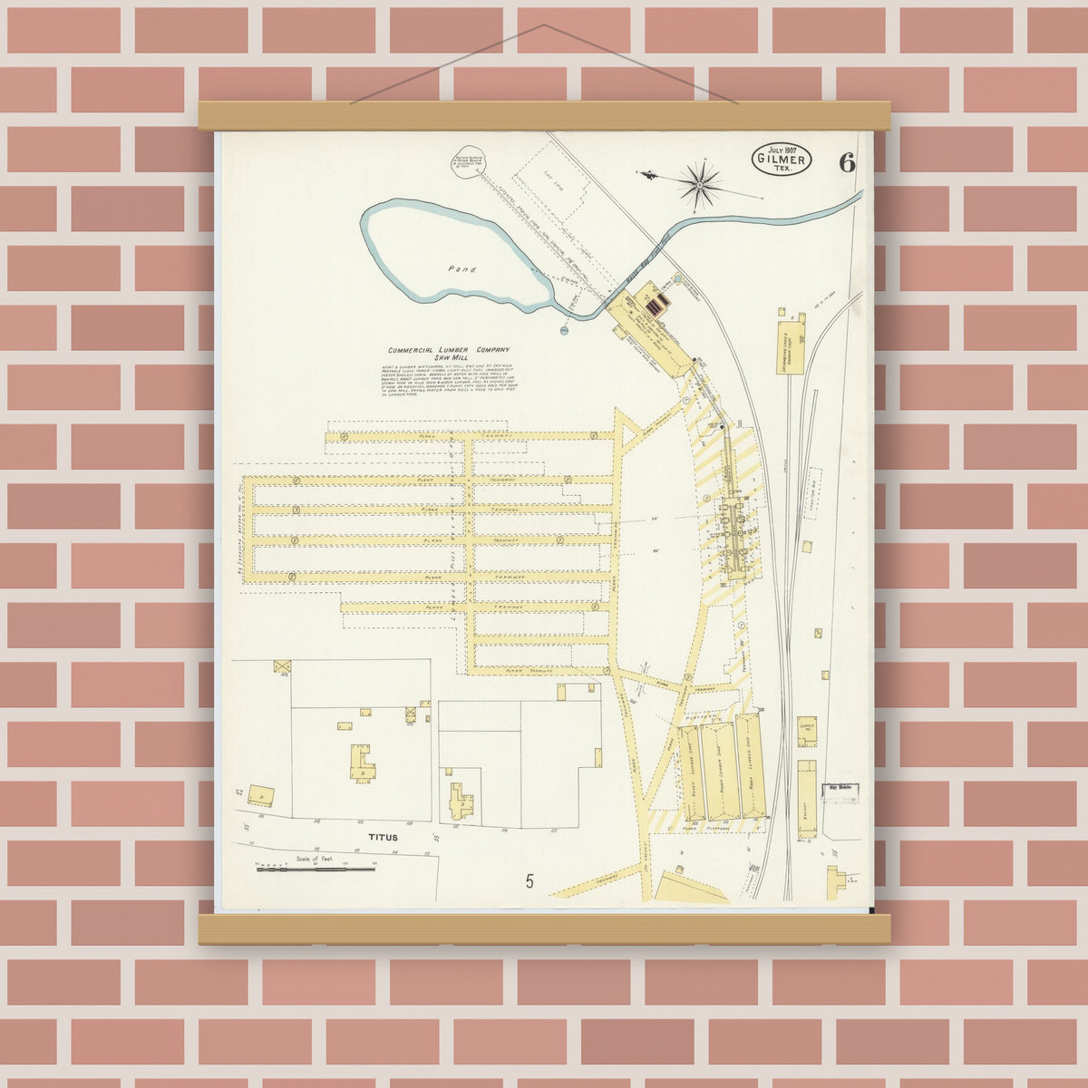 Old map wall art mockup — magnetic wood frame on brick wall — Sanborn Fire Insurance Map from Gilmer, Upshur County, Texas (1907), Sheet #0006