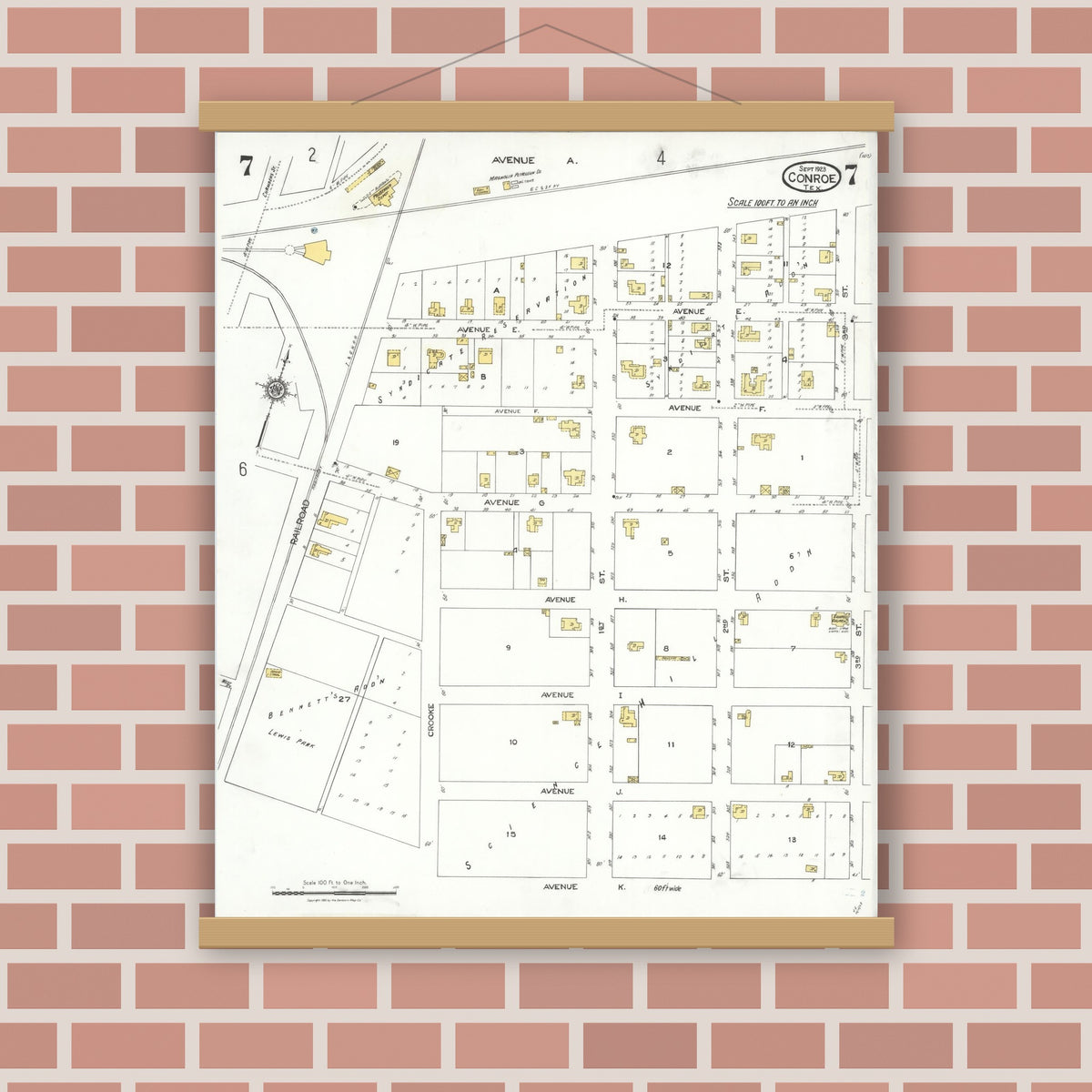 Old map wall art mockup — magnetic wood frame on brick wall — Sanborn Fire Insurance Map from Conroe, Montgomery County, Texas (1923), Sheet #0007