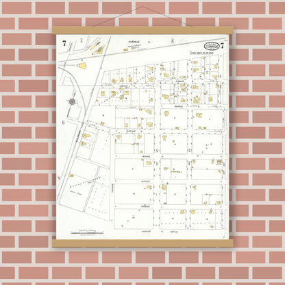 Old map wall art mockup — magnetic wood frame on brick wall — Sanborn Fire Insurance Map from Conroe, Montgomery County, Texas (1923), Sheet #0007