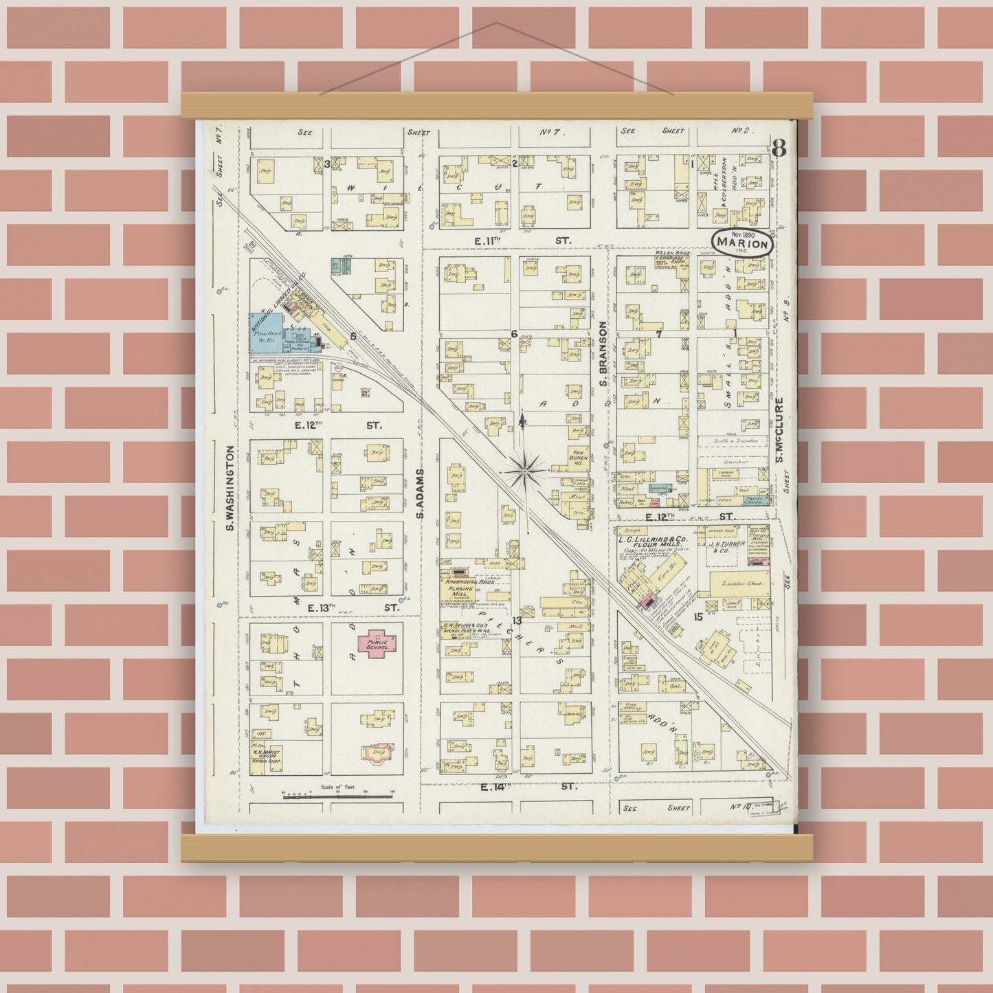 Old map wall art mockup — magnetic wood frame on brick wall — Sanborn Fire Insurance Map from Marion, Grant County, Indiana (1890), Sheet #0008