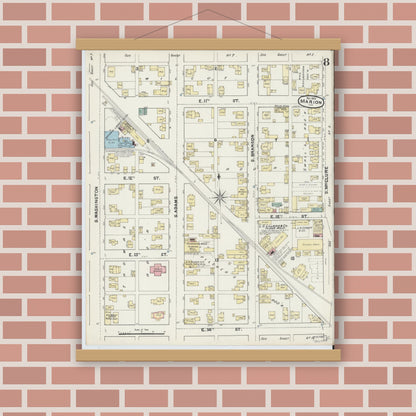 Old map wall art mockup — magnetic wood frame on brick wall — Sanborn Fire Insurance Map from Marion, Grant County, Indiana (1890), Sheet #0008