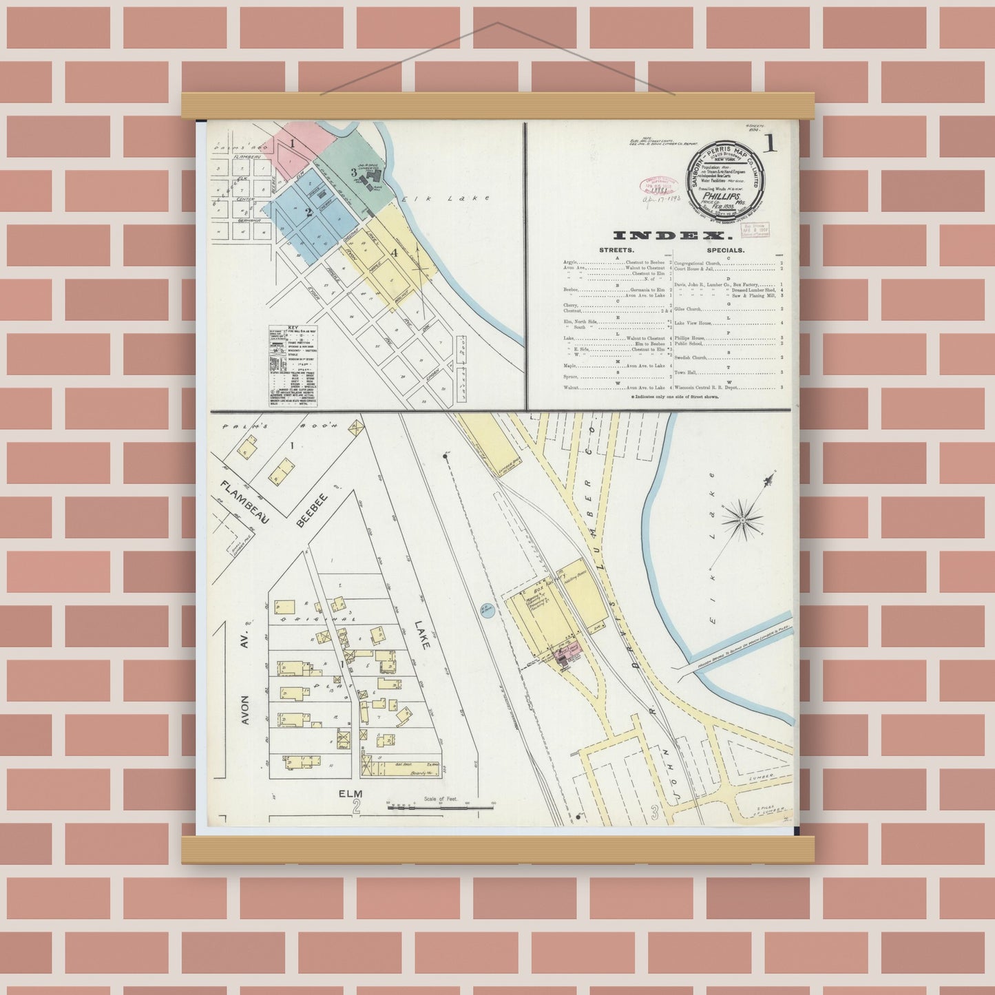 Old map wall art mockup — magnetic wood frame on brick wall — Sanborn Fire Insurance Map from Phillips, Price County, Wisconsin (1893) - Complete Map Set