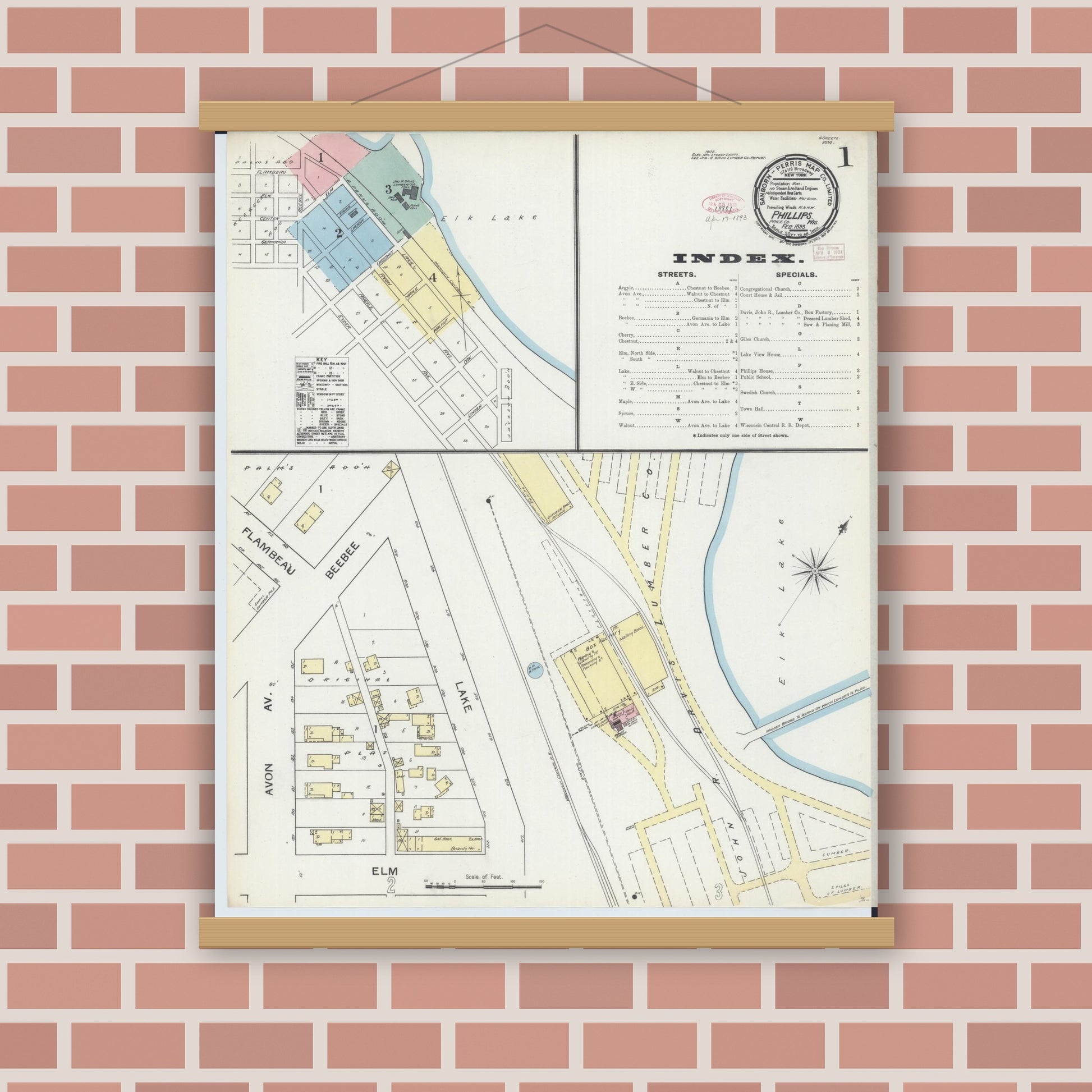 Old map wall art mockup — magnetic wood frame on brick wall — Sanborn Fire Insurance Map from Phillips, Price County, Wisconsin (1893) - Complete Map Set