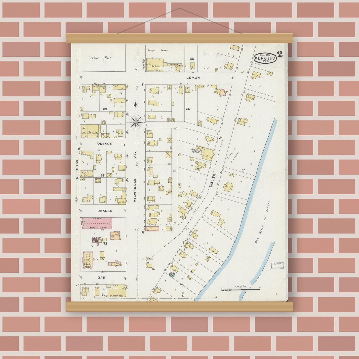 Old map wall art mockup — magnetic wood frame on brick wall — Sanborn Fire Insurance Map from Kenosha, Kenosha County, Wisconsin (1894), Sheet #0002