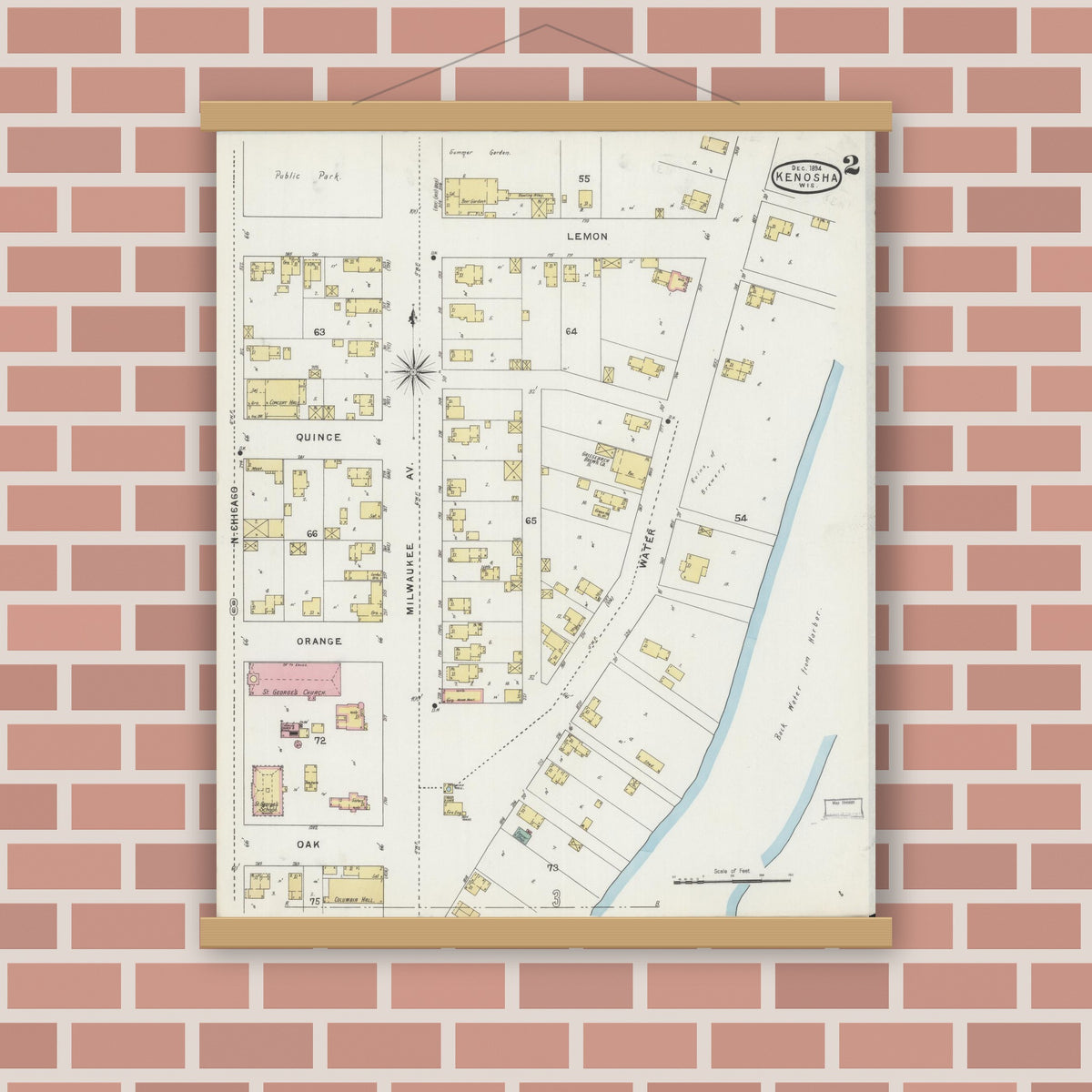 Old map wall art mockup — magnetic wood frame on brick wall — Sanborn Fire Insurance Map from Kenosha, Kenosha County, Wisconsin (1894), Sheet #0002