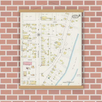 Old map wall art mockup — magnetic wood frame on brick wall — Sanborn Fire Insurance Map from Kenosha, Kenosha County, Wisconsin (1894), Sheet #0002