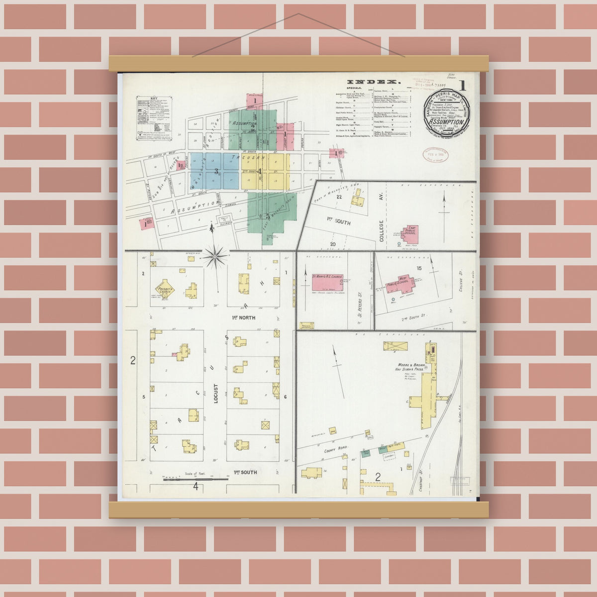 Old map wall art mockup — magnetic wood frame on brick wall — Sanborn Fire Insurance Map from Assumption, Christian County, Illinois (1899) - Complete Map Set