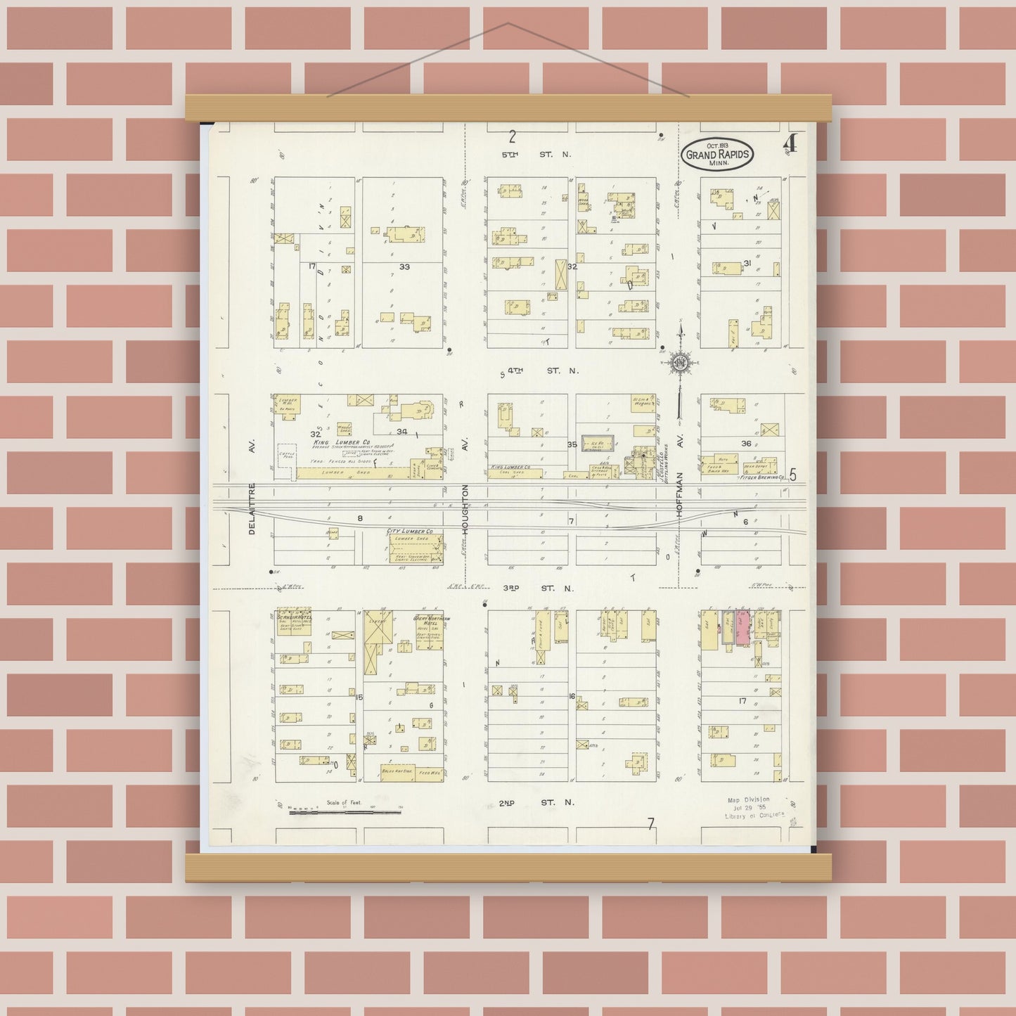 Old map wall art mockup — magnetic wood frame on brick wall — Sanborn Fire Insurance Map from Grand Rapids, Itasca County, Minnesota (1913), Sheet #0004