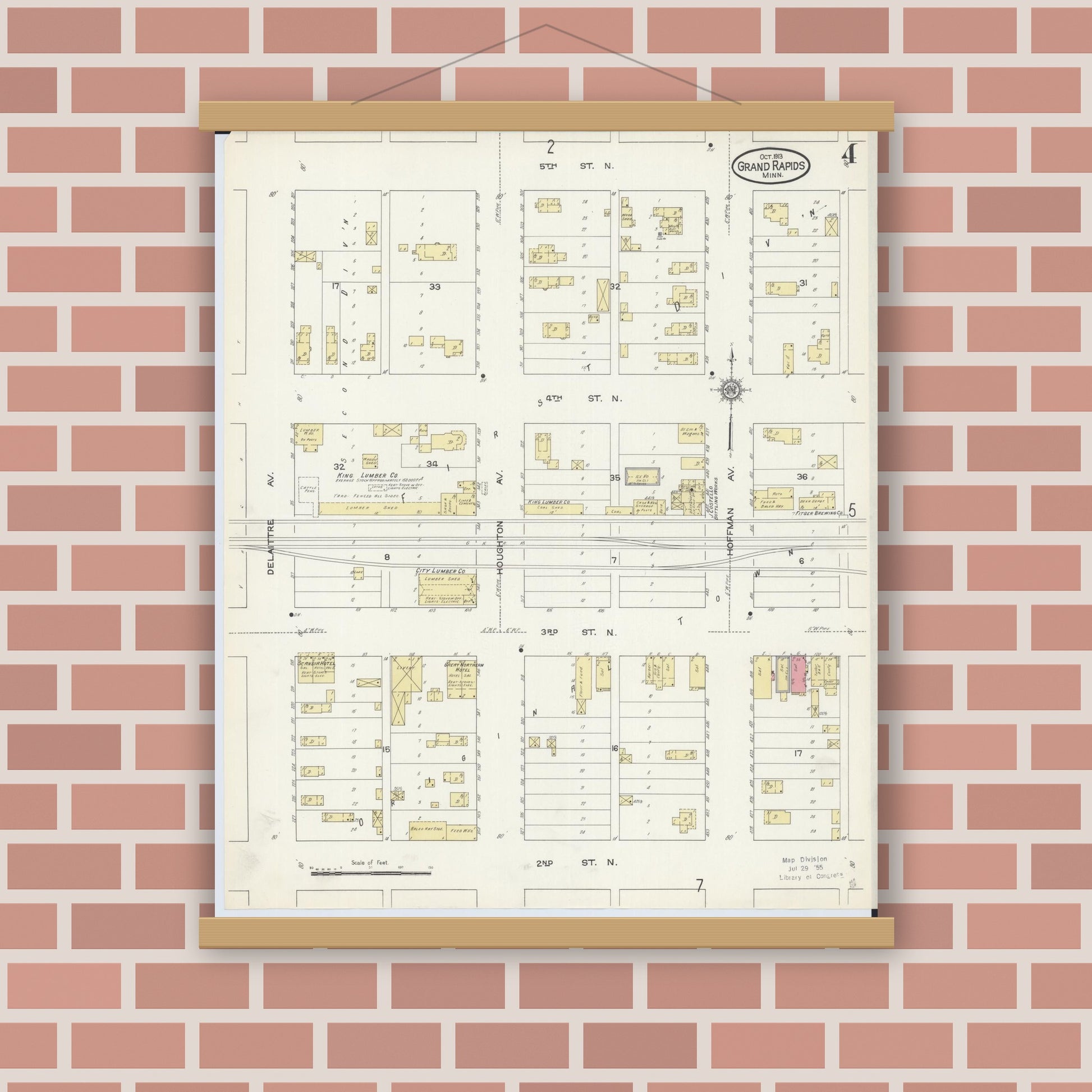 Old map wall art mockup — magnetic wood frame on brick wall — Sanborn Fire Insurance Map from Grand Rapids, Itasca County, Minnesota (1913), Sheet #0004