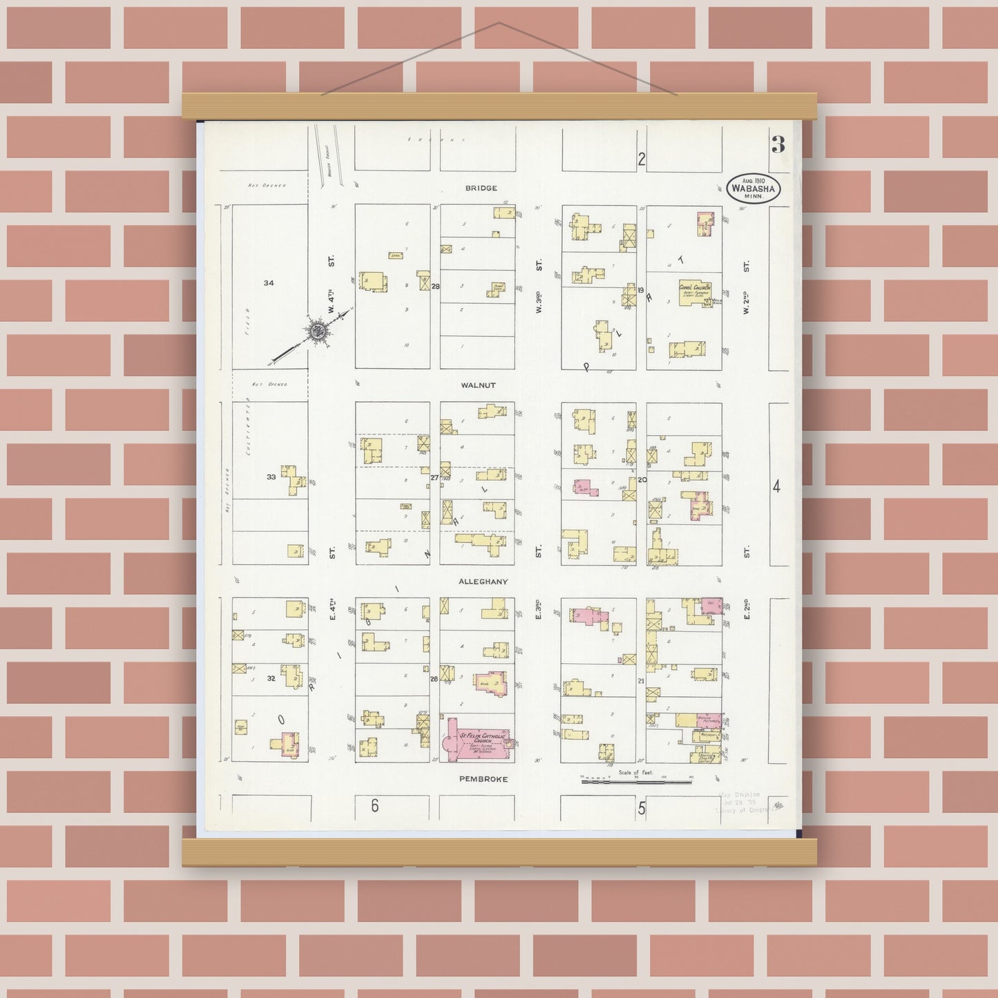 Old map wall art mockup — magnetic wood frame on brick wall — Sanborn Fire Insurance Map from Wabasha, Wabasha County, Minnesota (1910), Sheet #0003