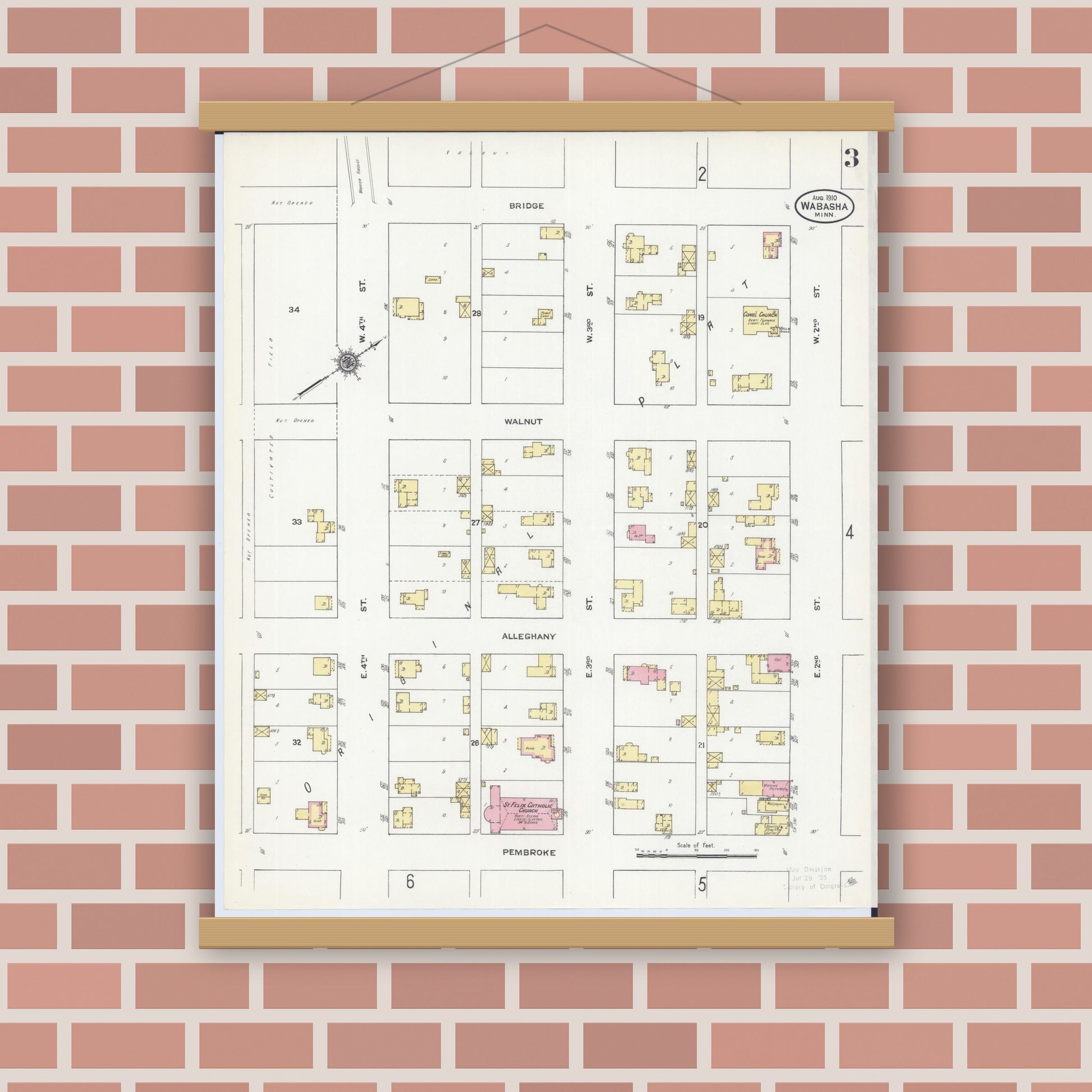 Old map wall art mockup — magnetic wood frame on brick wall — Sanborn Fire Insurance Map from Wabasha, Wabasha County, Minnesota (1910), Sheet #0003