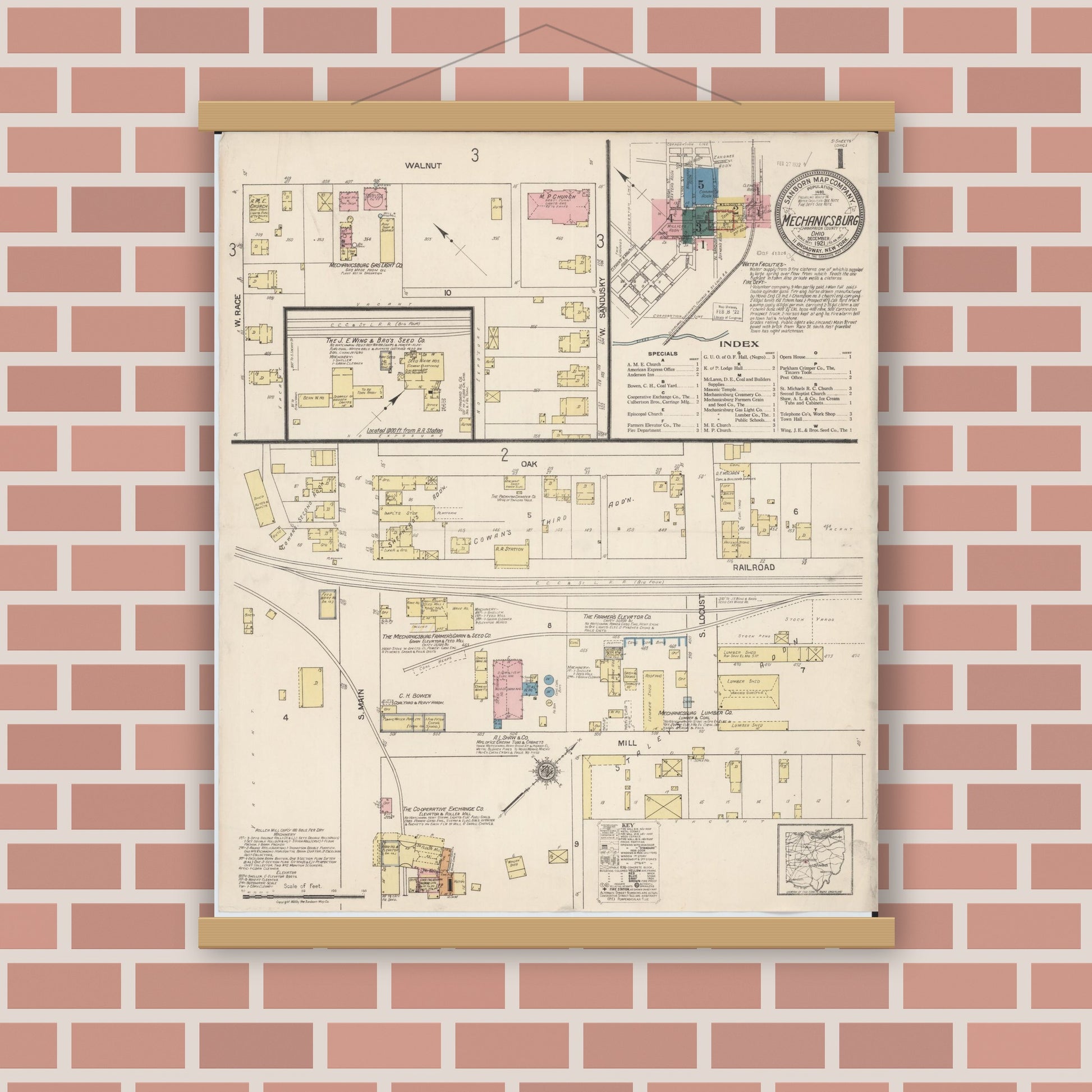 Old map wall art mockup — magnetic wood frame on brick wall — Sanborn Fire Insurance Map from Mechanicsburg, Champaign County, Ohio (1921) - Complete Map Set