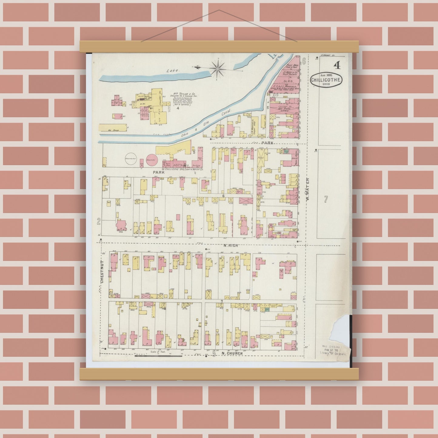 Old map wall art mockup — magnetic wood frame on brick wall — Sanborn Fire Insurance Map from Chillicothe, Ross County, Ohio (1895), Sheet #0004