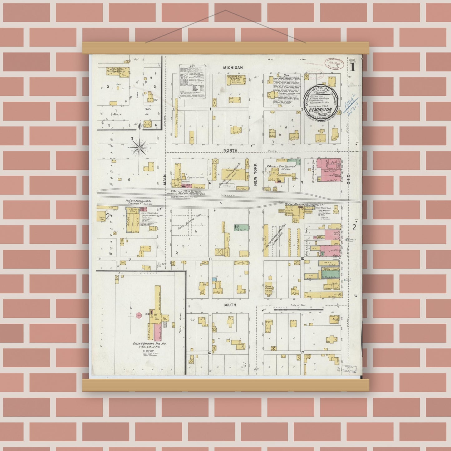 Old map wall art mockup — magnetic wood frame on brick wall — Sanborn Fire Insurance Map from Remington, Jasper County, Indiana (1899) - Complete Map Set
