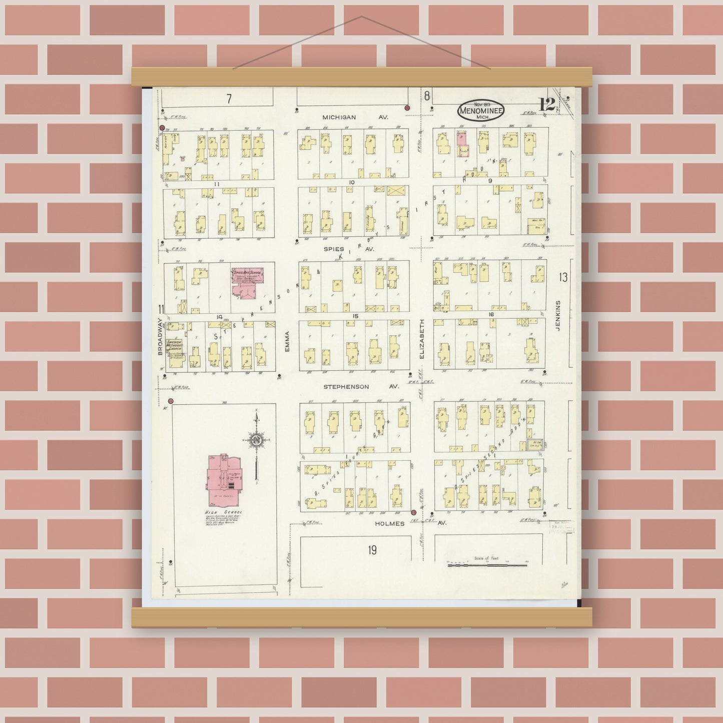 Old map wall art mockup — magnetic wood frame on brick wall — Sanborn Fire Insurance Map from Menominee, Menominee County, Michigan (1913), Sheet #0012