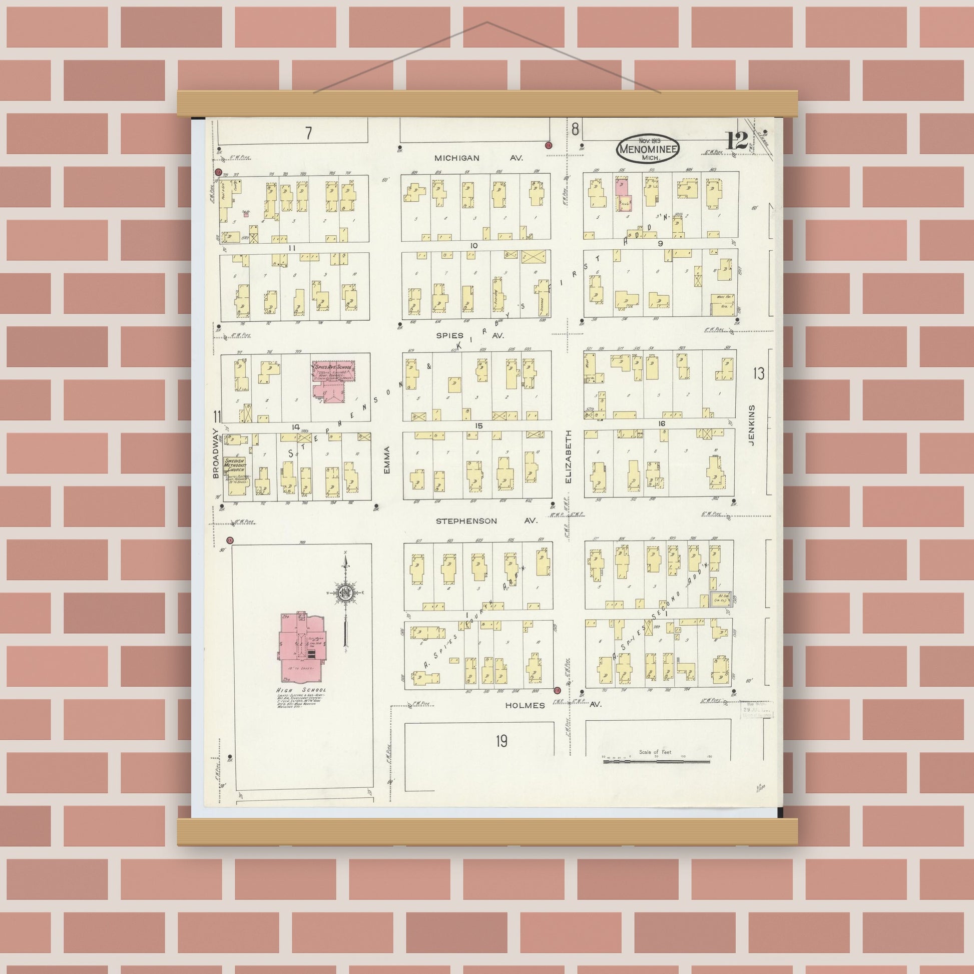 Old map wall art mockup — magnetic wood frame on brick wall — Sanborn Fire Insurance Map from Menominee, Menominee County, Michigan (1913), Sheet #0012