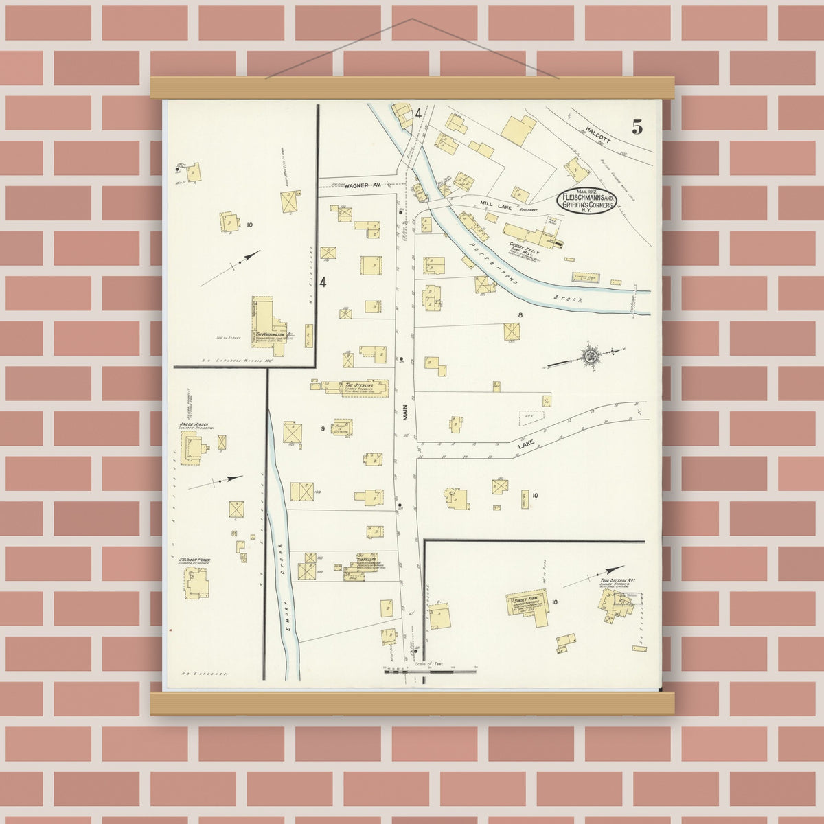 Old map wall art mockup — magnetic wood frame on brick wall — Sanborn Fire Insurance Map from Fleischmanns, Delaware County, New York (1912), Sheet #0005