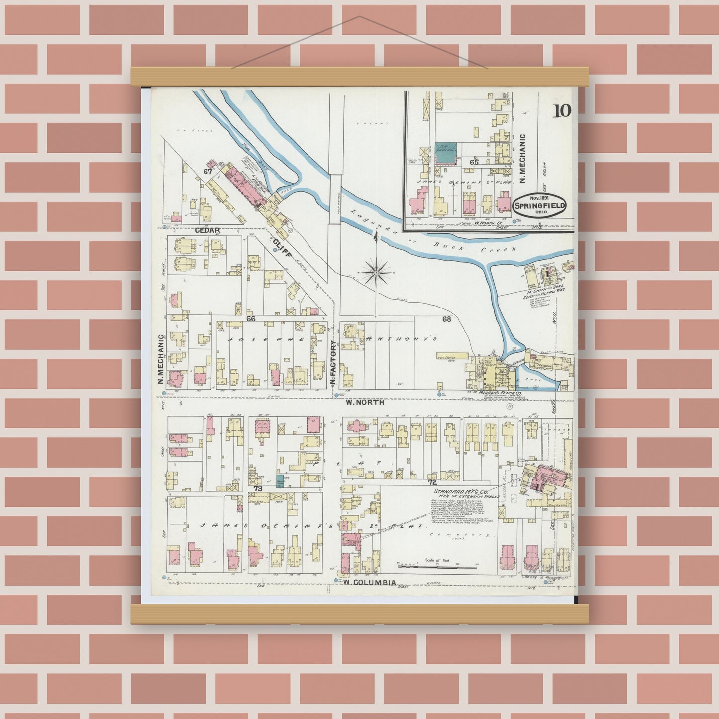 Old map wall art mockup — magnetic wood frame on brick wall — Sanborn Fire Insurance Map from Springfield, Clark County, Ohio (1891), Sheet #0010