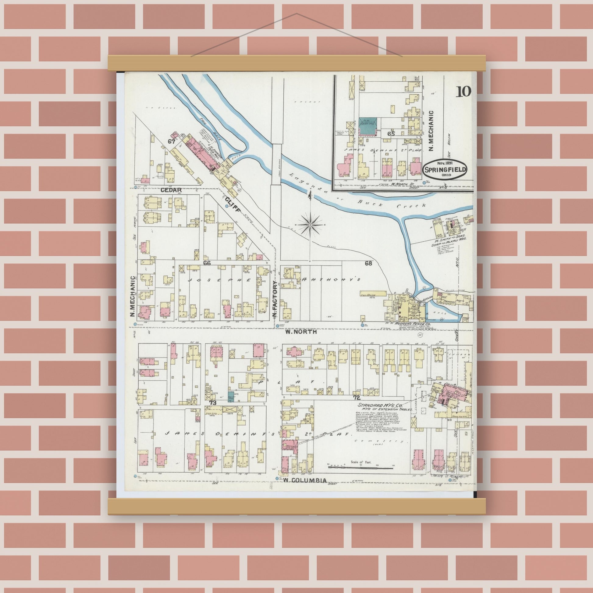 Old map wall art mockup — magnetic wood frame on brick wall — Sanborn Fire Insurance Map from Springfield, Clark County, Ohio (1891), Sheet #0010