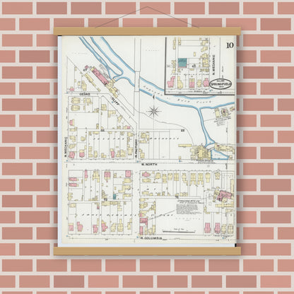 Old map wall art mockup — magnetic wood frame on brick wall — Sanborn Fire Insurance Map from Springfield, Clark County, Ohio (1891), Sheet #0010