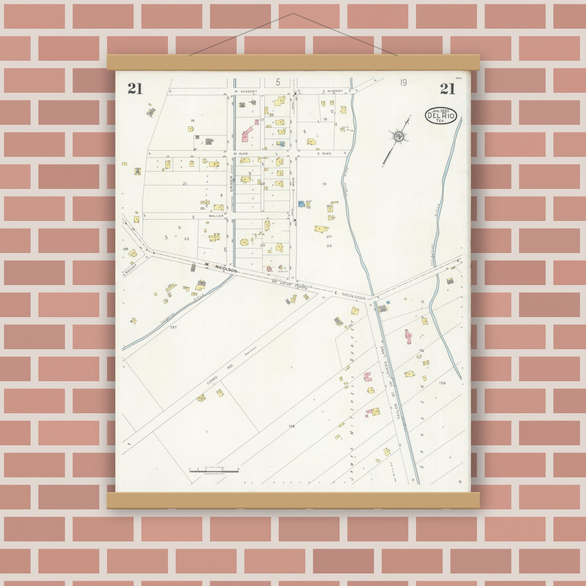Old map wall art mockup — magnetic wood frame on brick wall — Sanborn Fire Insurance Map from Del Rio, Val Verde County, Texas (1930), Sheet #0021