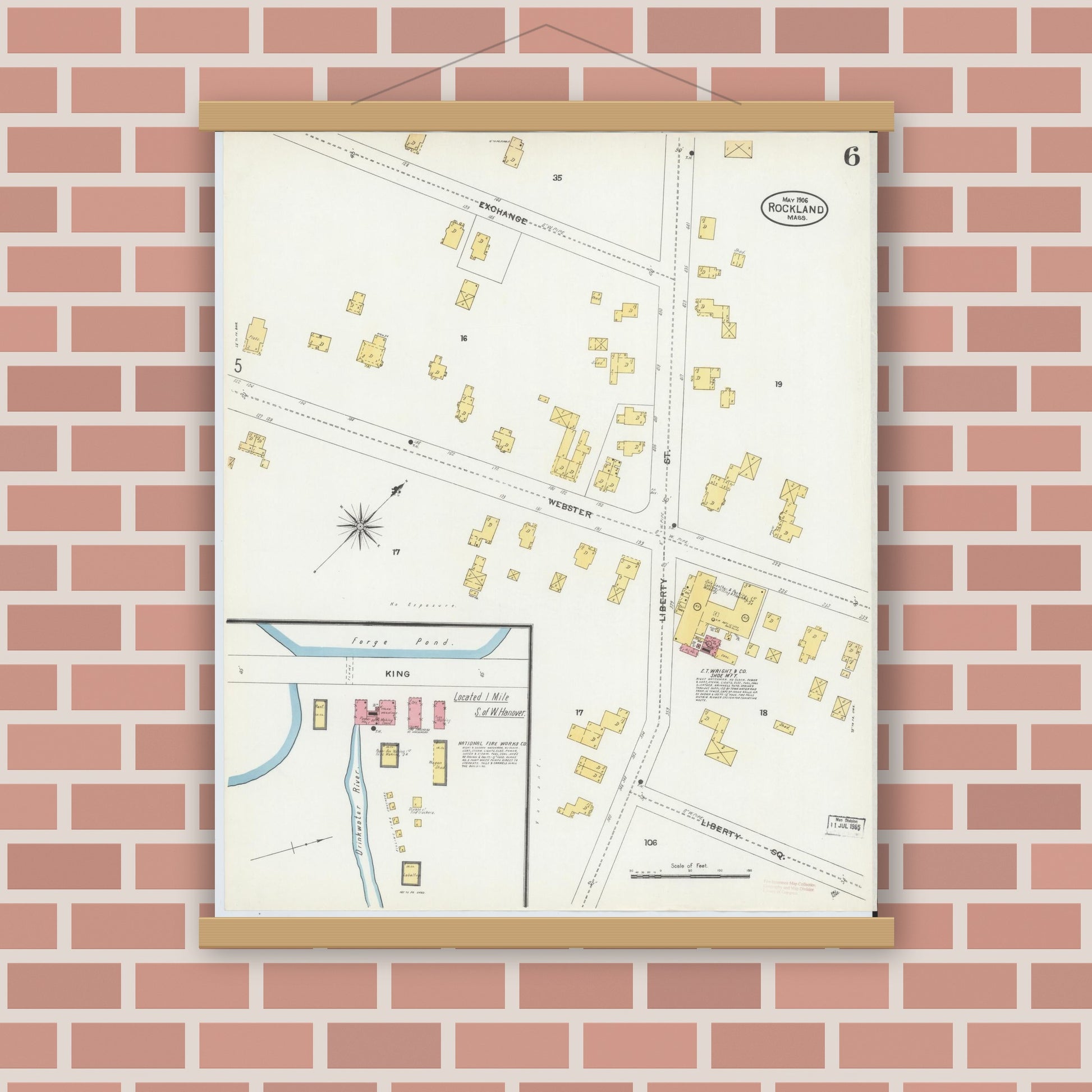 Old map wall art mockup — magnetic wood frame on brick wall — Sanborn Fire Insurance Map from Rockland, Plymouth County, Massachusetts (1906), Sheet #0006