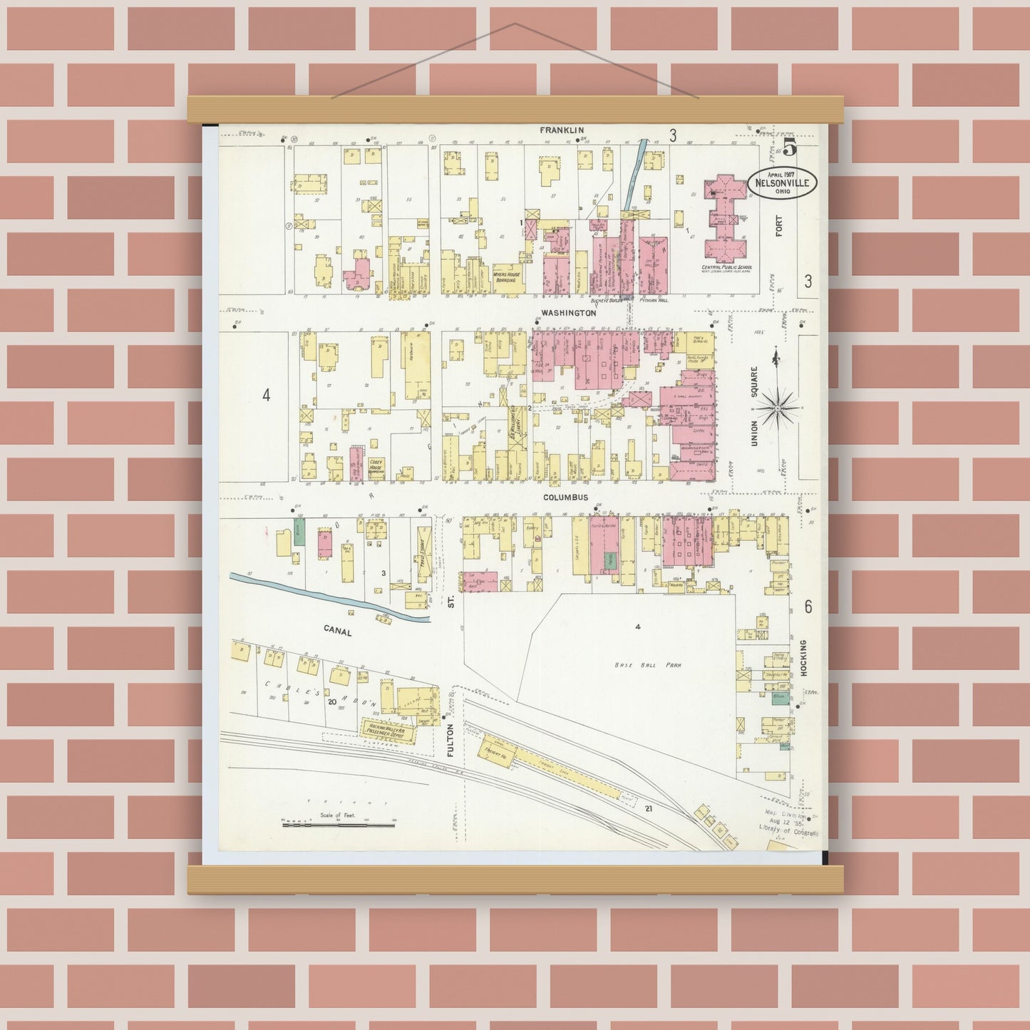 Old map wall art mockup — magnetic wood frame on brick wall — Sanborn Fire Insurance Map from Nelsonville, Athens County, Ohio (1907), Sheet #0005