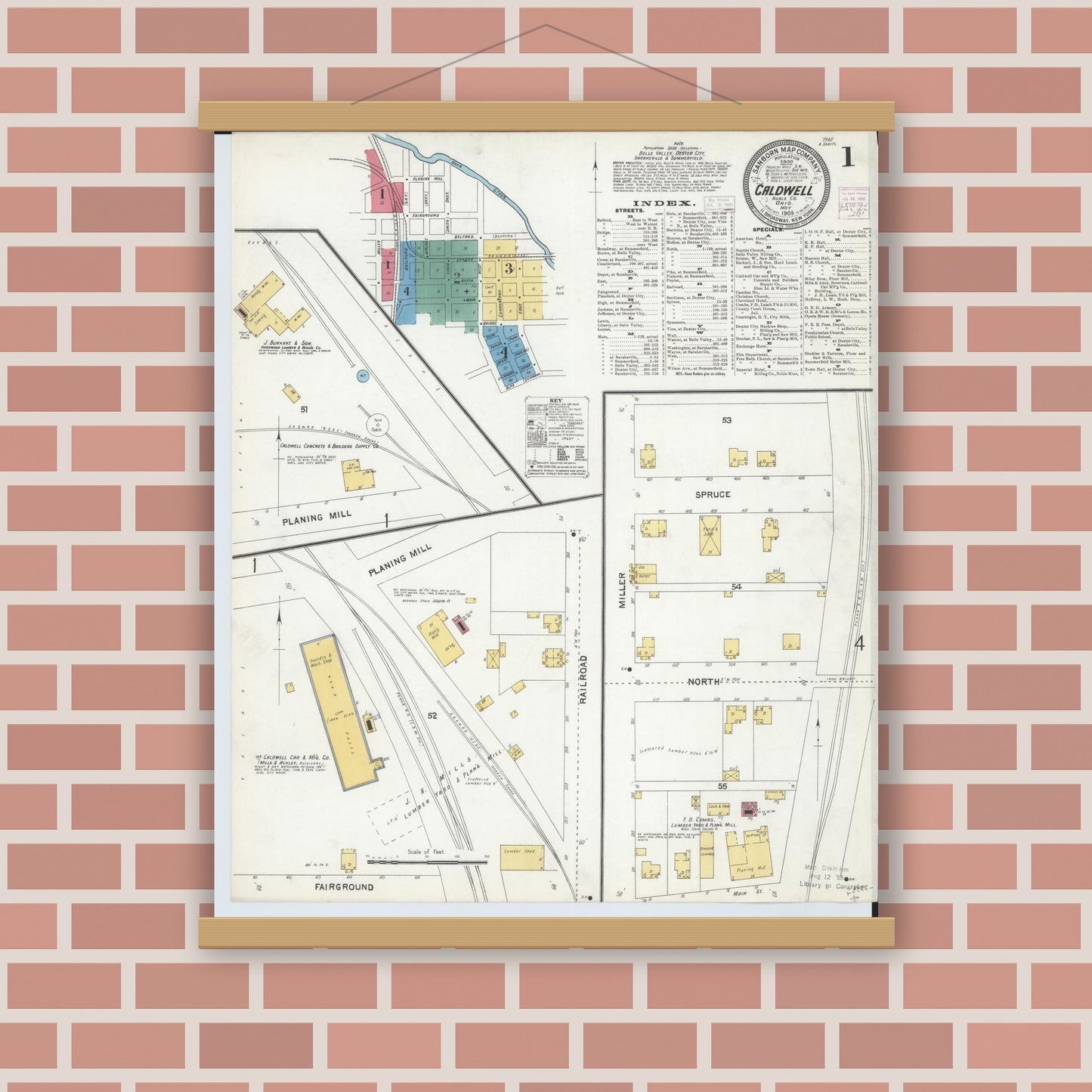Old map wall art mockup — magnetic wood frame on brick wall — Sanborn Fire Insurance Map from Caldwell, Noble County, Ohio (1905) - Complete Map Set