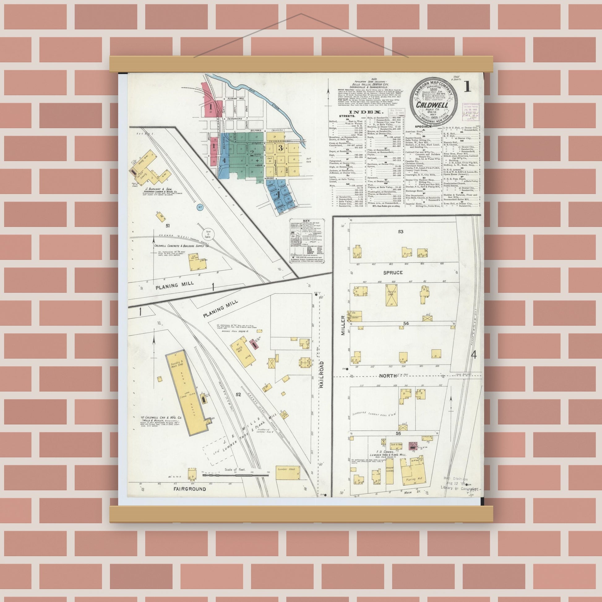 Old map wall art mockup — magnetic wood frame on brick wall — Sanborn Fire Insurance Map from Caldwell, Noble County, Ohio (1905) - Complete Map Set