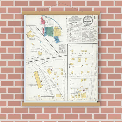 Old map wall art mockup — magnetic wood frame on brick wall — Sanborn Fire Insurance Map from Caldwell, Noble County, Ohio (1905) - Complete Map Set
