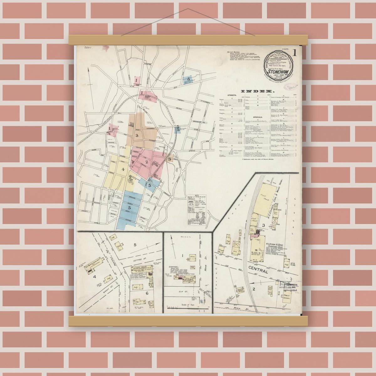 Old map wall art mockup — magnetic wood frame on brick wall — Sanborn Fire Insurance Map from Stoneham, Middlesex County, Massachusetts (1887) - Complete Map Set