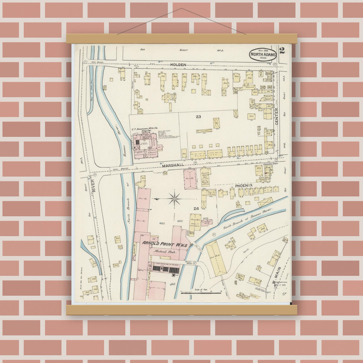 Old map wall art mockup — magnetic wood frame on brick wall — Sanborn Fire Insurance Map from North Adams, Berkshire County, Massachusetts (1888), Sheet #0002