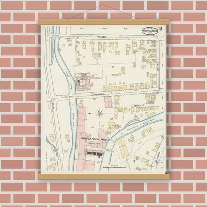 Old map wall art mockup — magnetic wood frame on brick wall — Sanborn Fire Insurance Map from North Adams, Berkshire County, Massachusetts (1888), Sheet #0002
