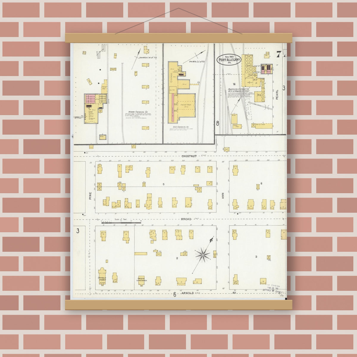 Old map wall art mockup — magnetic wood frame on brick wall — Sanborn Fire Insurance Map from Port Allegany, McKean County, Pennsylvania (1903), Sheet #0007
