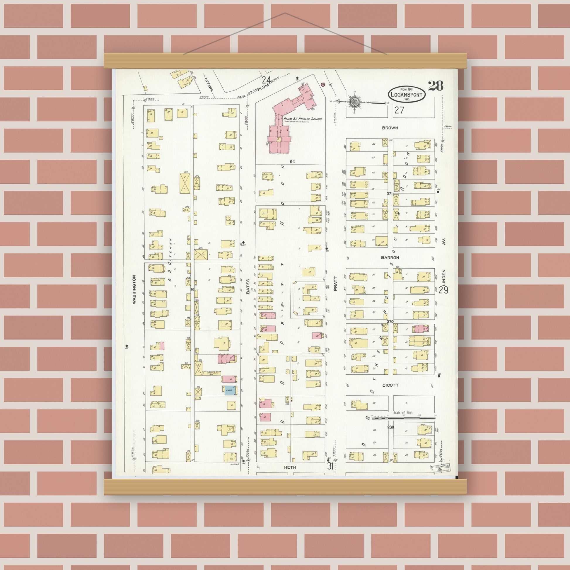 Old map wall art mockup — magnetic wood frame on brick wall — Sanborn Fire Insurance Map from Logansport, Cass County, Indiana (1906), Sheet #0028