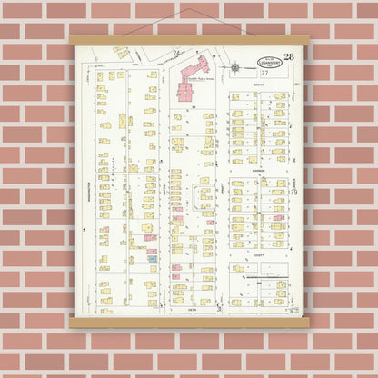 Old map wall art mockup — magnetic wood frame on brick wall — Sanborn Fire Insurance Map from Logansport, Cass County, Indiana (1906), Sheet #0028