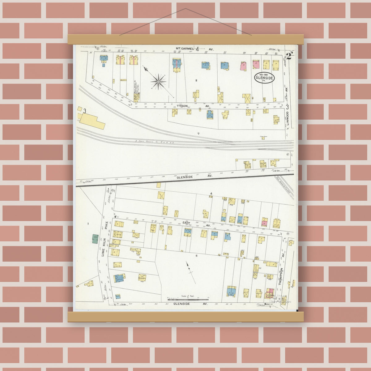 Old map wall art mockup — magnetic wood frame on brick wall — Sanborn Fire Insurance Map from Glenside, Montgomery County, Pennsylvania (1909), Sheet #0002