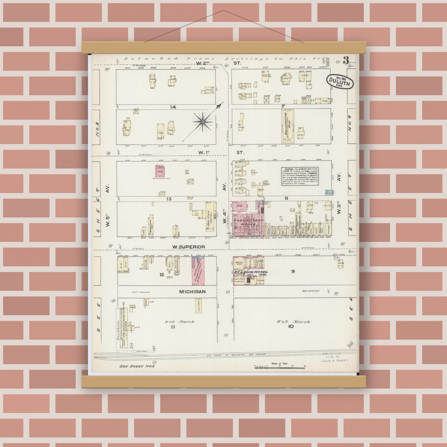 Old map wall art mockup — magnetic wood frame on brick wall — Sanborn Fire Insurance Map from Duluth, Saint Louis County, Minnesota (1884), Sheet #0003