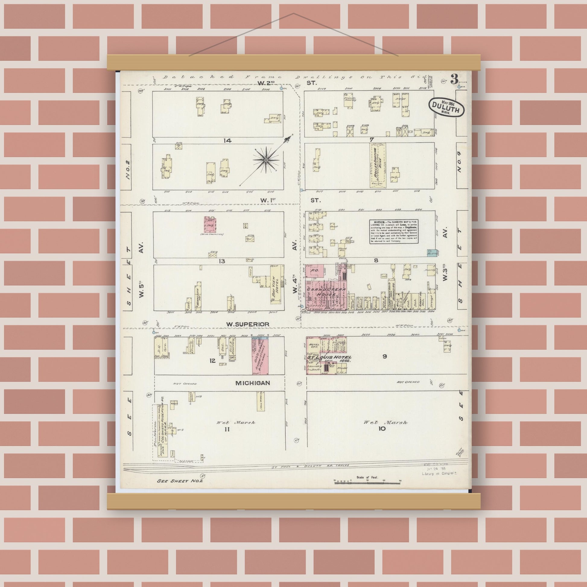 Old map wall art mockup — magnetic wood frame on brick wall — Sanborn Fire Insurance Map from Duluth, Saint Louis County, Minnesota (1884), Sheet #0003