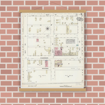 Old map wall art mockup — magnetic wood frame on brick wall — Sanborn Fire Insurance Map from Duluth, Saint Louis County, Minnesota (1884), Sheet #0003