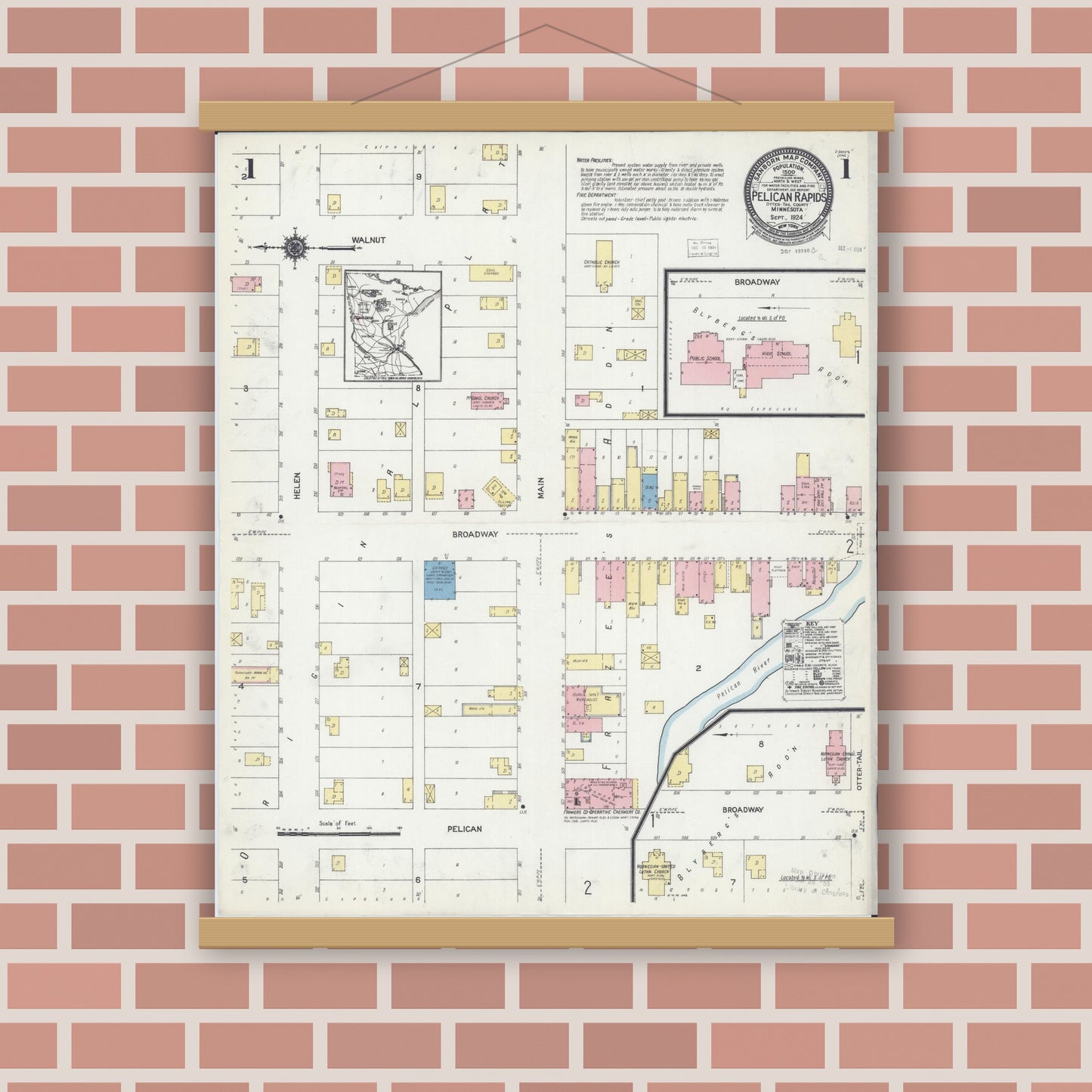 Old map wall art mockup — magnetic wood frame on brick wall — Sanborn Fire Insurance Map from Pelican Rapids, Otter Tail County, Minnesota (1924) - Complete Map Set