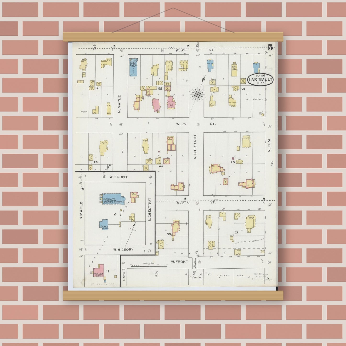 Old map wall art mockup — magnetic wood frame on brick wall — Sanborn Fire Insurance Map from Faribault, Rice County, Minnesota (1893), Sheet #0005